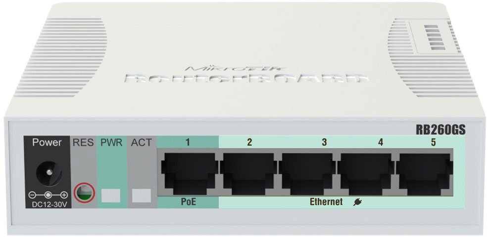 Комутатор Mikrotik RB260GS, 5 Gigabit ports and SFP cage, SwOS, plastic case, PSU