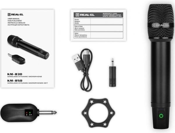 Мікрофон для караоке REAL-EL KM-830, Black, 6.35 мм jack, підключення бездротове, – 60 дБ, радіус дії до 25 м, час роботи до 12 год (EL121900001)